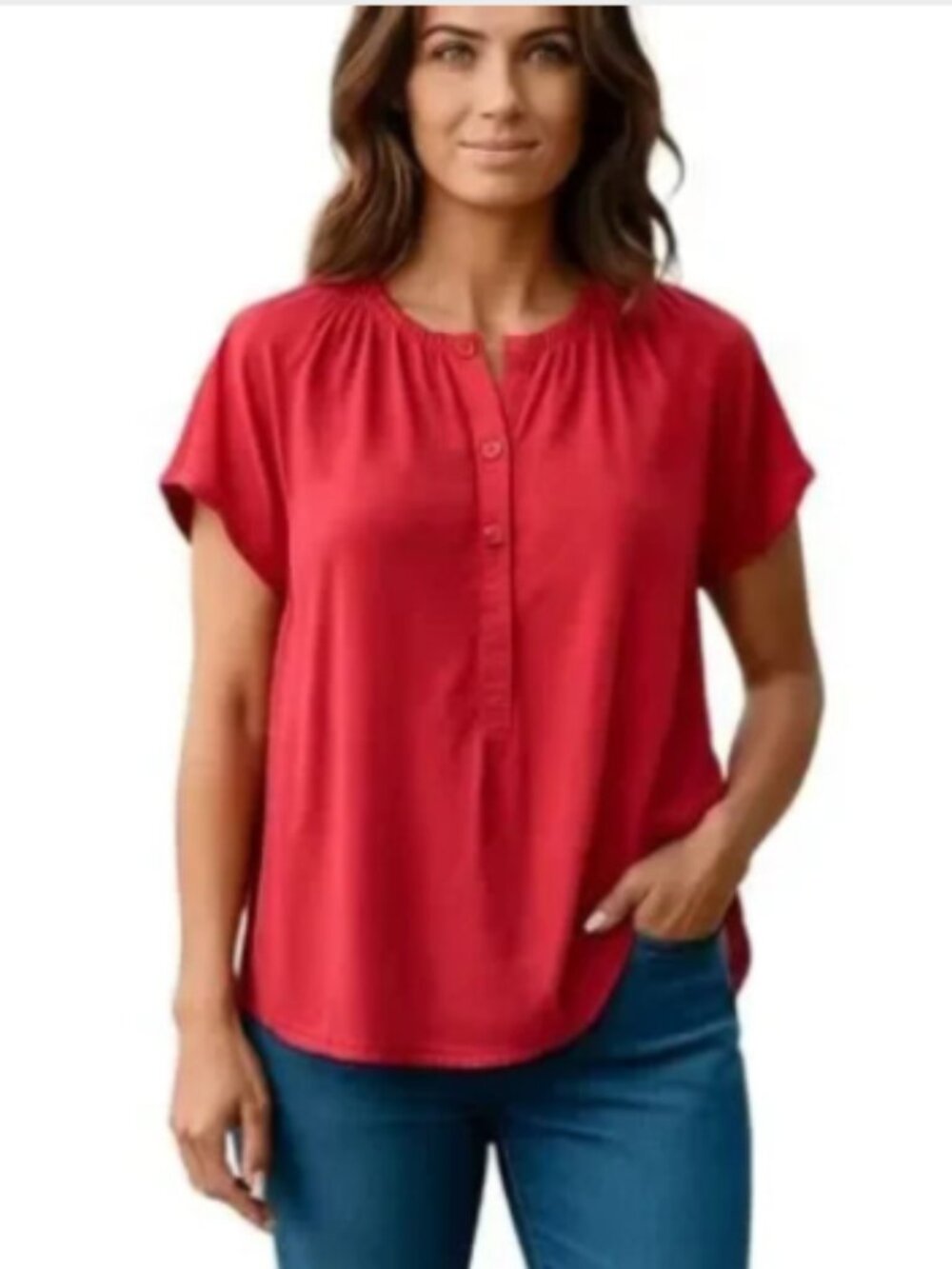 J Crew SZ Medium Pink Half-Placket Shirred Blouse Stand Up Collar Raglan Sleeves